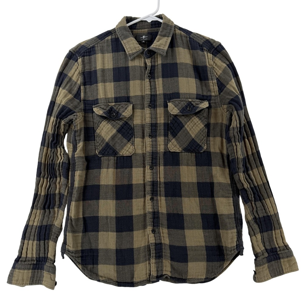 7 For All Mankind Flannel‎ Shirt Mens Medium Beige Plaid L/S Plaid Pockets